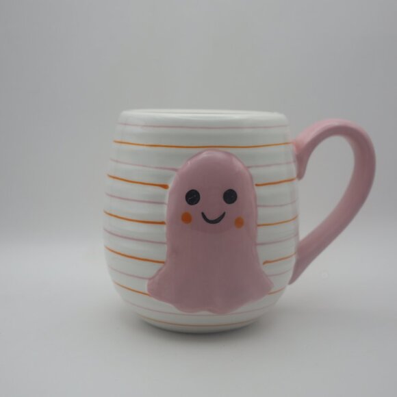 Lang Halloween Pink Ghost With Stripes Ceramic 16oz Mug: Pink, Orange and White - Picture 3 of 9